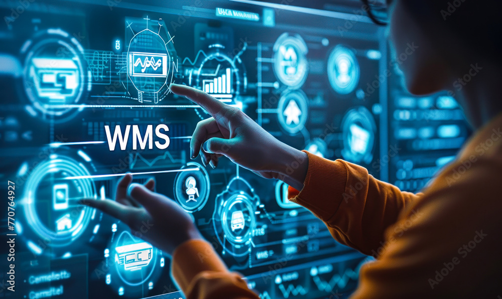 Poster professional interacts with digital interface displaying wms warehouse management system and related