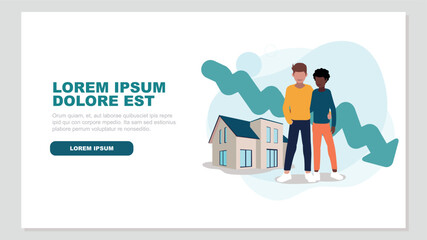 Adobe IlluVektor-Illustration eines Paares, das vor seinem Haus steht, mit einer abfallenden Börsenkurve im Hintergrund - Immobilienkonzeptstrator Artwork