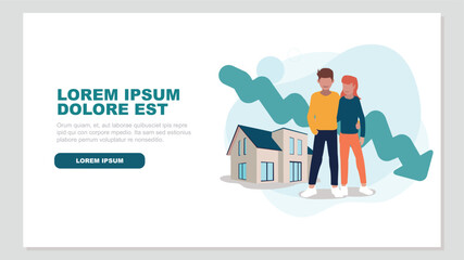 Adobe IlluVektor-Illustration eines Paares, das vor seinem Haus steht, mit einer abfallenden Börsenkurve im Hintergrund - Immobilienkonzeptstrator Artwork