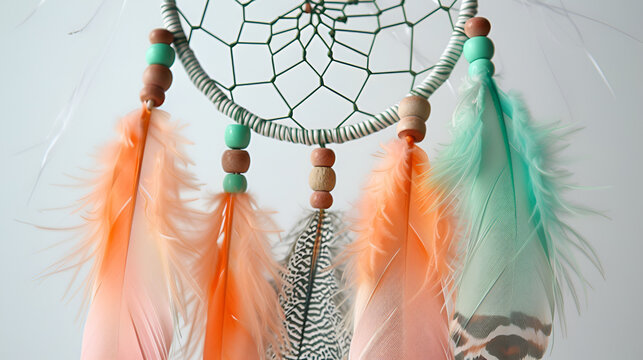 Dream catcher hanging in a light room, closeup ,Dream catcher, and abstract bokeh background

