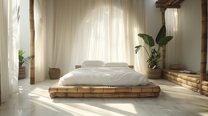 Tranquil Bamboo Bed with White Linen in a Sunny Room