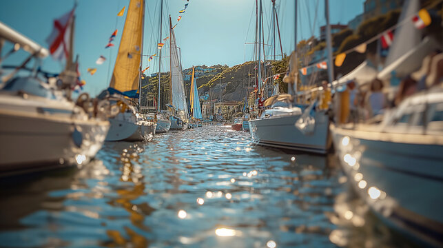A bustling yacht club hosts a regatta event, with colorful flags fluttering in the breeze and participants eagerly preparing their boats for a day of competitive sailing on the spa