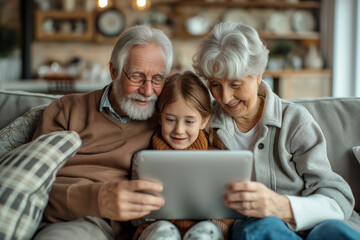 Loving grandparents and their young granddaughter sharing a moment while looking at a tablet together at home.