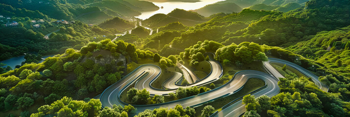Winding Road Through a Forested Landscape, Aerial View of a Scenic Drive in Romania - obrazy, fototapety, plakaty