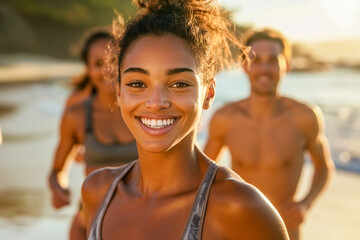 Radiant young woman enjoying a beach run with friends during golden hour, close-up portrait.