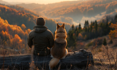 A person and their loyal dog sit side by side on a log, peacefully observing a breathtaking autumn sunset over a forested valley.