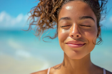 A young woman with curly hair smiles peacefully, enjoying the warm sunlight with her eyes closed on a beautiful beach.