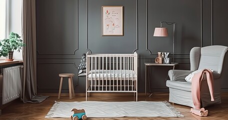 Baby Crib Amongst Armchair and Stylish Low Cupboard - obrazy, fototapety, plakaty