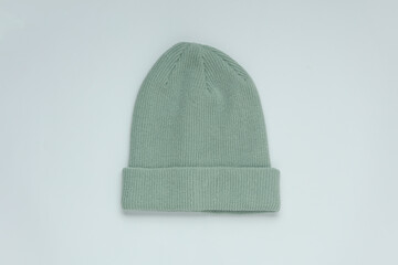 Mint green color Woolen warm winter hat on white background