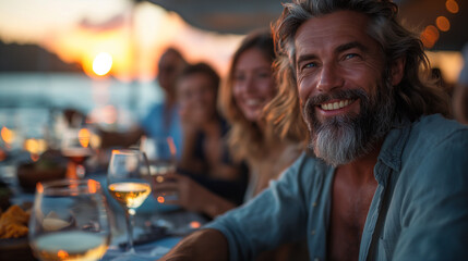 A group of avid sailors gathers at the yacht club's waterfront bar and grill to swap stories of their latest adventures at sea, their laughter mingling with the sound of clinking g - obrazy, fototapety, plakaty