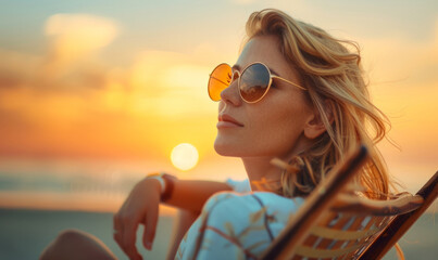 A contemplative woman wearing sunglasses unwinds in a chair against the backdrop of a stunning sunset.