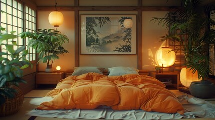 Traditional Japanese Bedroom with Tatami Mat and Futon