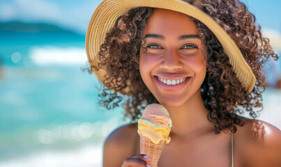 A joyful woman enjoys a sunny beach day, savoring a delicious ice cream cone, wearing a summer hat.