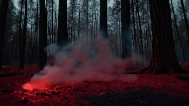 in the woods with a scary ambiance - red light and smoke