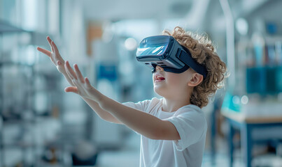 A young child is filled with wonder while using virtual reality glasses, reaching out to touch an unseen world.