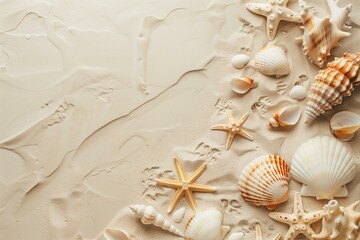 Assorted Seashells and Starfish on a Sandy Beach