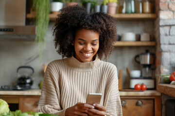 A cheerful young woman in a cream sweater is texting on her smartphone in a warm, rustic kitchen filled with plants.