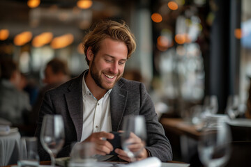 Smiling businessman in a grey suit sitting in a cafe, engrossed in his mobile phone amidst ambient lighting.