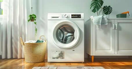Modern Washing Machine, Baskets, and Inviting Room Interior