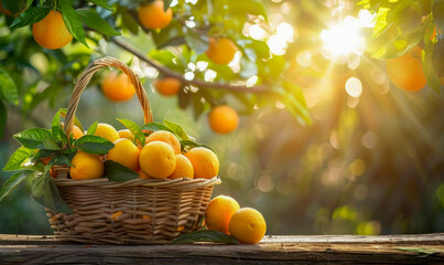 A wicker basket full of ripe oranges sits on a wooden surface in a sun-drenched citrus orchard, capturing a serene harvest scene.