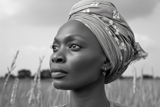 Black and white image capturing the serene beauty of a woman adorned with a traditional headwrap, posing in a field.