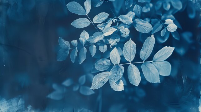 cyanotype nature prints, flowers, leafs, copy and text space, 16:9