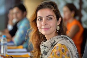 A confident and attentive young woman participates in a cultural exchange workshop, her interest in cross-cultural learning and engagement evident.