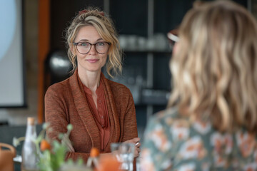A professional woman engages in a focused conversation with a colleague during a business lunch, demonstrating effective communication and attentiveness.