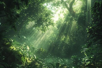 The mysterious and enchanting atmosphere of a misty forest at dawn, with rays of sunlight piercing through the trees. - Powered by Adobe