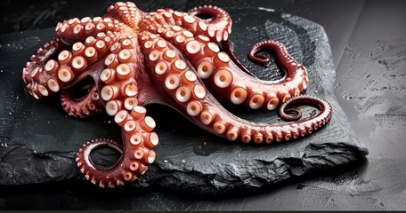Fresh Octopus Presented on Stone Board Against Dark Background