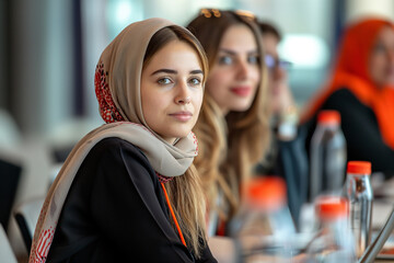 Engaged young women wearing traditional and modern attire participate attentively in an international women's conference, showcasing diversity and empowerment.