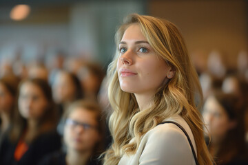 A young woman attentively listens, her gaze focused forward, amidst a crowd of professionals at a seminar.