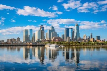 Fototapeta na wymiar A Panoramic View of Jersey City Skyline with Landmarks and Hudson River Reflections