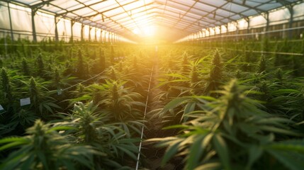 Cannabis plant growing in field in indoor plantation greenhouse. - obrazy, fototapety, plakaty