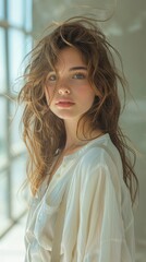 Fototapeta premium Beautiful elegant woman with wavy brown hair, soft curls, standing in front of the window with wind in her hair. Full lips, beautiful green eyes. Very natural and attractive. Wearing a white shirt.
