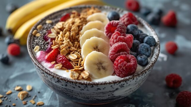 Healthy breakfast bowl with granola, yogurt, fresh berries and chia seeds