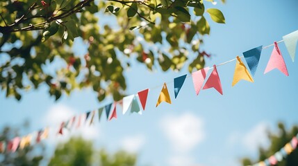 Colorful pennant string decoration in green tree foliage on blue sky summer party background template banner with copy space  - obrazy, fototapety, plakaty