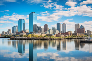 A Panoramic View of Jersey City Skyline with Landmarks and Hudson River Reflections