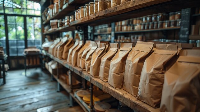 Grocery store shelf with brown paper zip lock bags and jars. Reusable, eco friendly. Natural organic ingredients. Healthy lifestyle. 