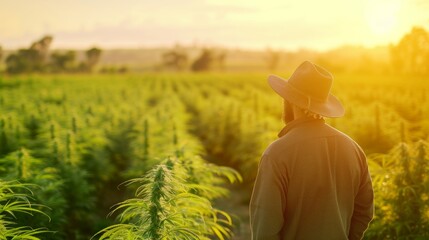 Back view of a male farmer in field with cannabis plant growing in a large outdoor plantation farm. - obrazy, fototapety, plakaty