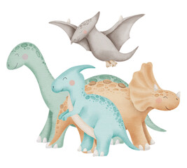Dinosaurs Watercolor illustration. Cute Baby dino friends. Hand drawn clip art on isolated background. Different animals composition. Cartoon character drawing. Kids funny print for wall art stickers. © Alisles