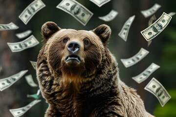Money flying around a grizzly bear - obrazy, fototapety, plakaty