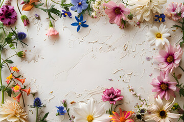 Frame with summer colorful flowers on light background. Mothers day, Easter, Valentine day. Springtime flat lay composition with copy space. Romantic backdrop for wedding greeting card, banner