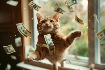 Money flying around cat