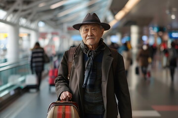 old man waiting in airport terminal