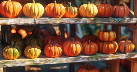 Colorful Pumpkins Displayed on Rustic Wooden Shelving