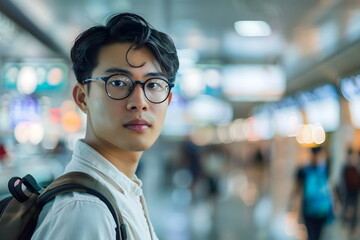 young man portrait in airport terminal