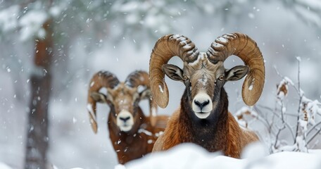 Mouflon Pair Amidst Snowy Forest Landscape