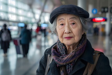 old woman waiting in airport terminal