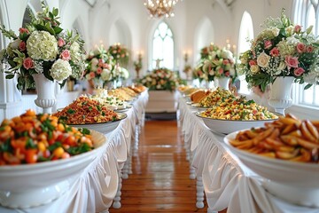 luxurious decoration of white tablecloths with lots of finger food prepared professional advertising food photography